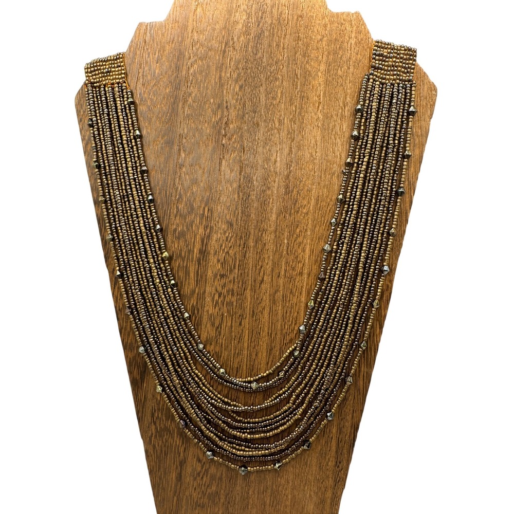 Bronze Multi Strand Seed Bead Statement Necklace Metallic Gold Boho Tribal Woven